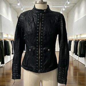 Harley-Davidson Womens Black Leather Wing Embroidered Fitted Moto Jacket Size XS